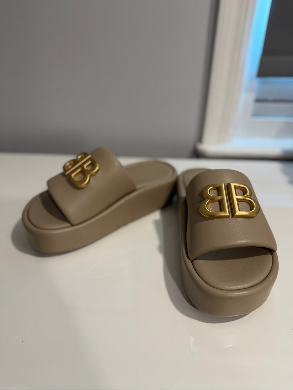 Balenciaga Women’s Taupe Platform Slide Sandals with Gold Accent